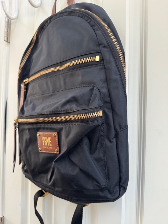 Frye Black Backpack with Brown Leather Accents and Gold Hardware